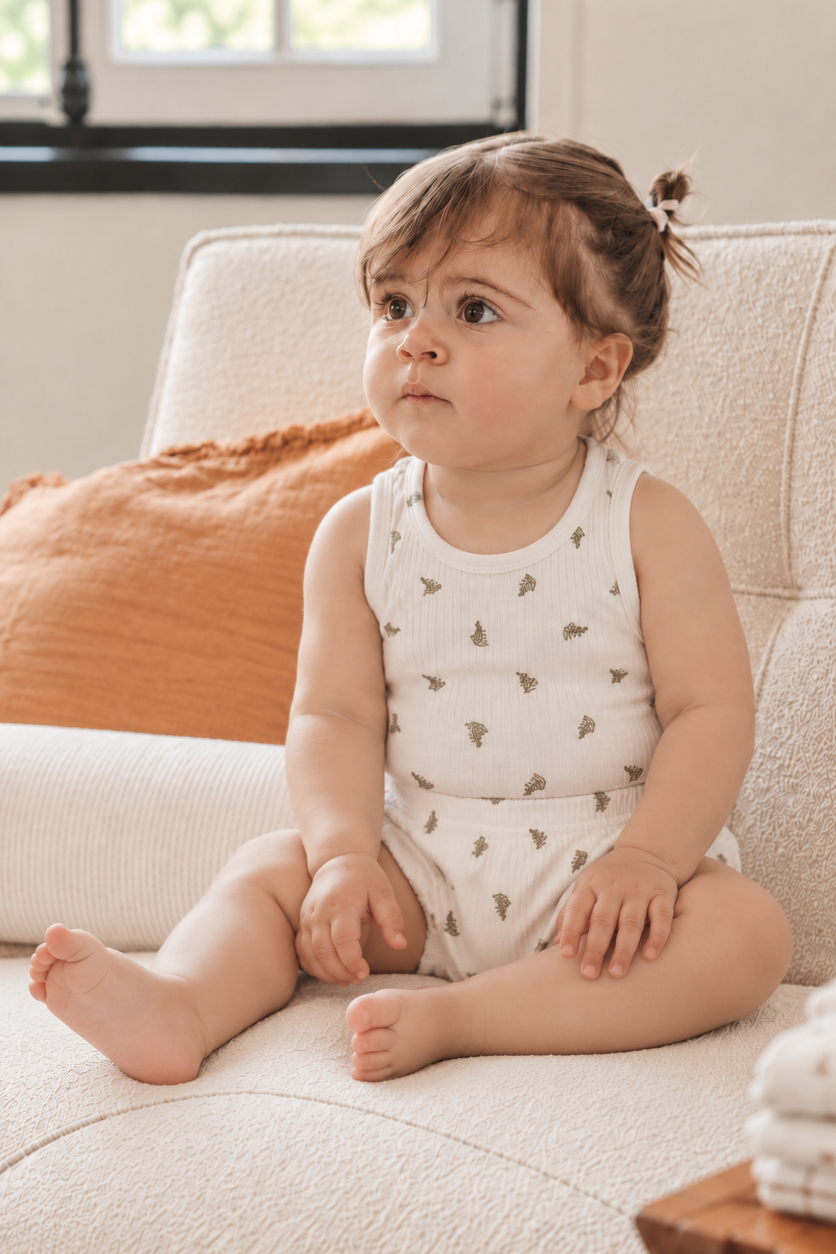 A toddler sits on a textured cream sofa, wearing a light-colored, sleeveless onesie with a subtle floral pattern.