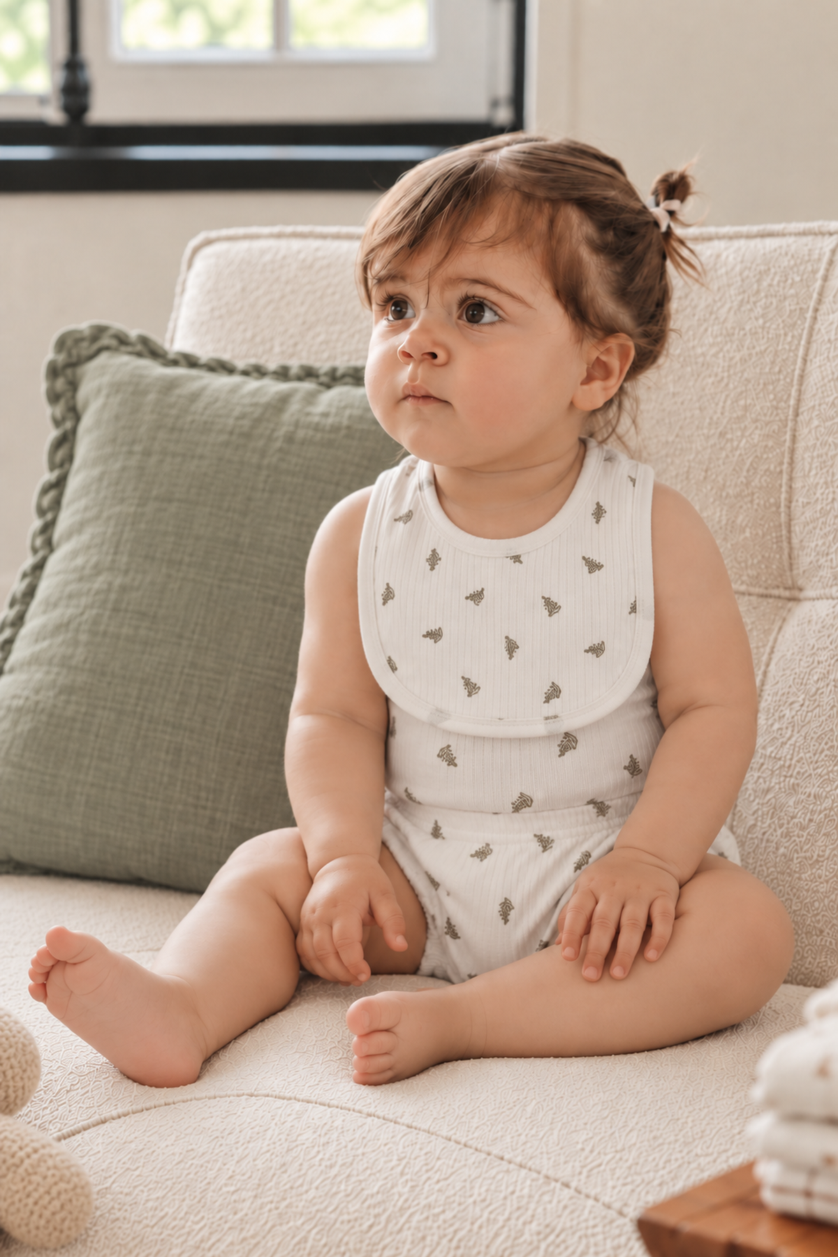 A toddler sits comfortably on a light-colored sofa, wearing a white cotton romper with a subtle leaf pattern. Soft pillows and natural light create a cozy atmosphere.