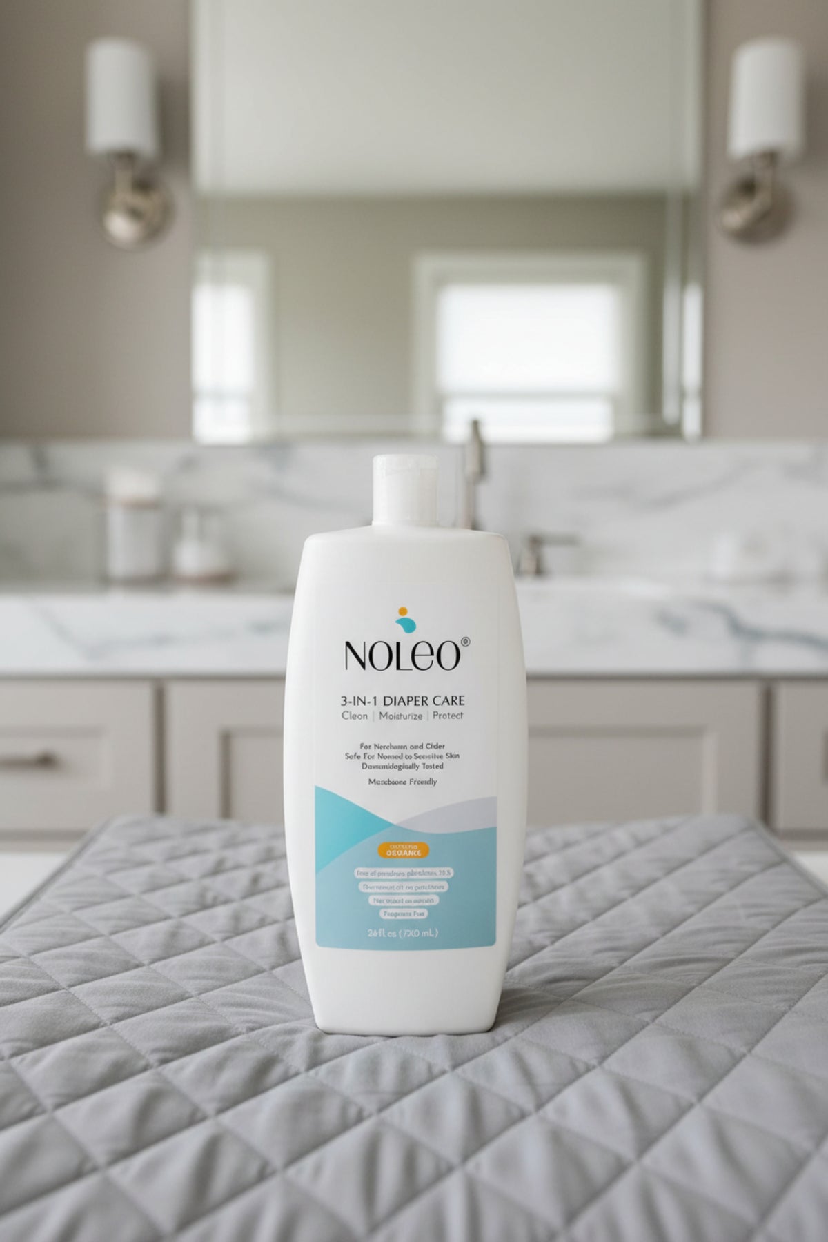 NOLEO 3-IN-1 Diaper Care bottle on a quilted gray surface in a modern bathroom setting.