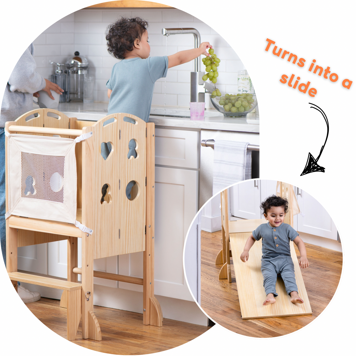 A toddler reaches for grapes while standing in a wooden kitchen tower, designed for versatile use. The tower features a mesh panel and can transform into a slide for playtime.