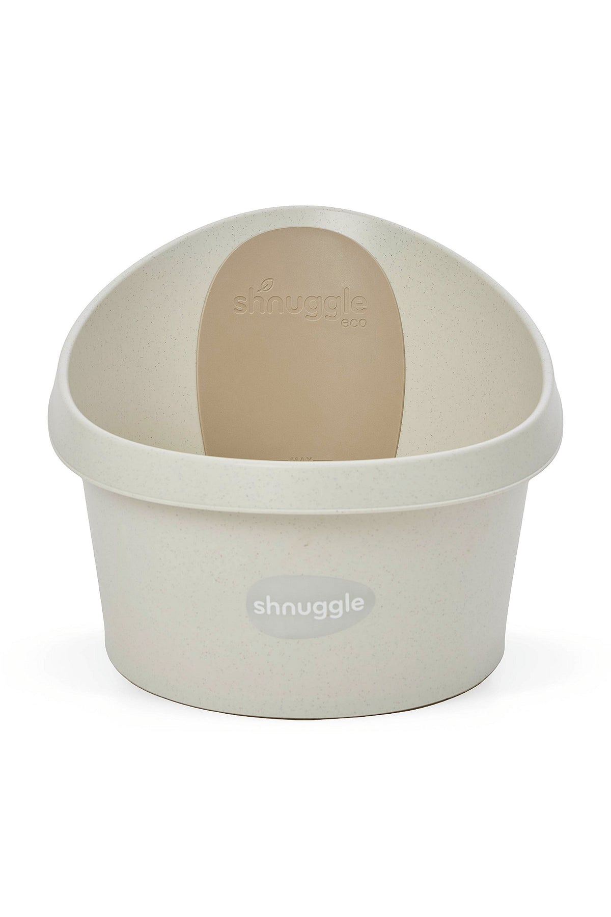 Cream-colored Shnuggle eco toddler bath tub with a beige backrest, designed for comfort and play.