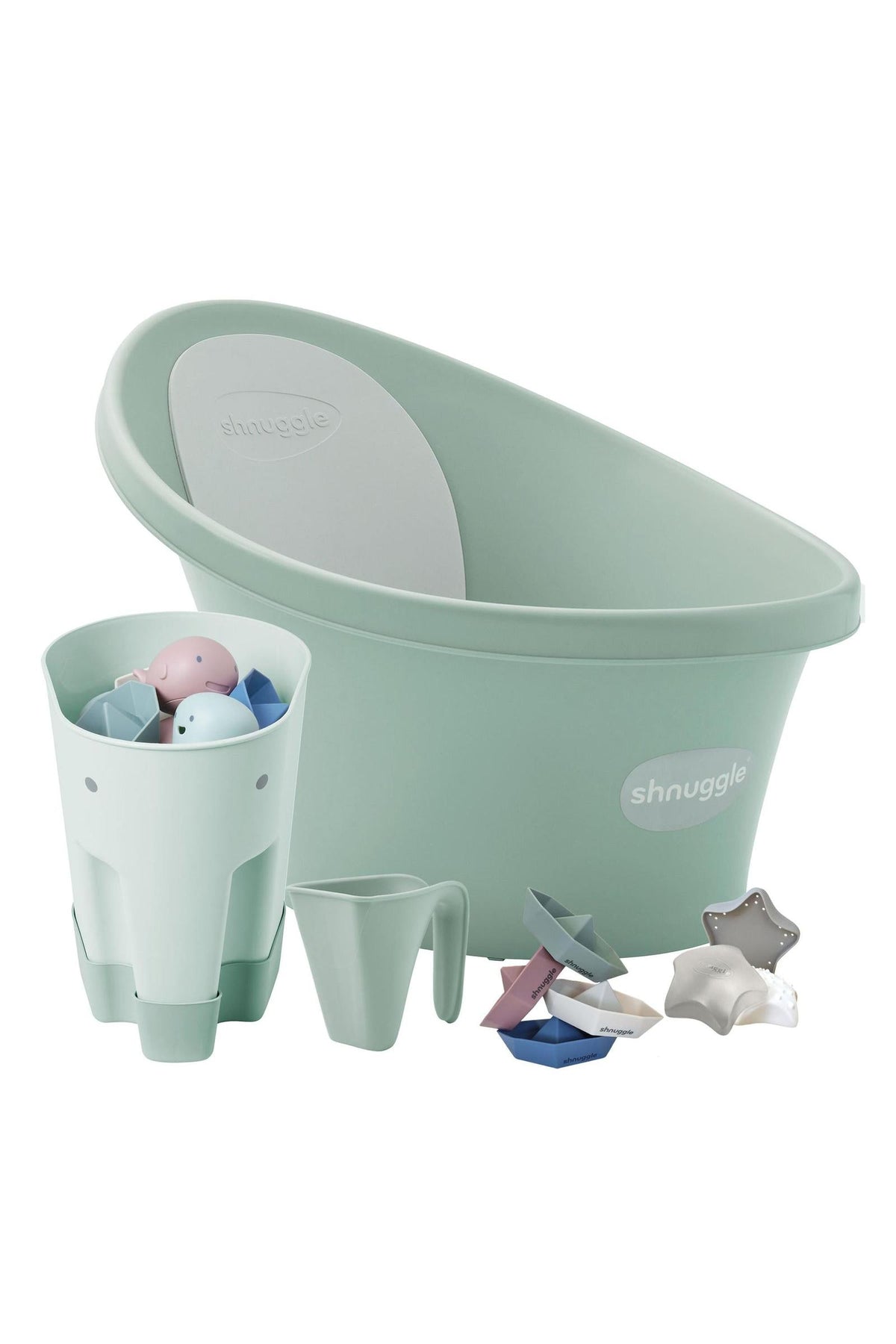 Mint green Shnuggle baby bath set with accessories, including a bucket, jug, and toy boats, designed for newborns.