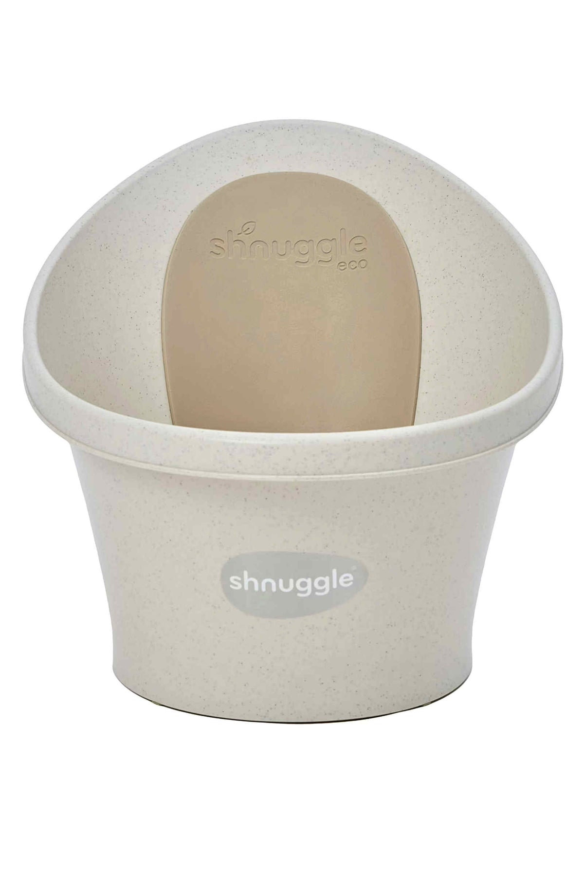 Eco-friendly Shnuggle baby bath in beige, featuring a supportive bum bump and speckled design for newborns.