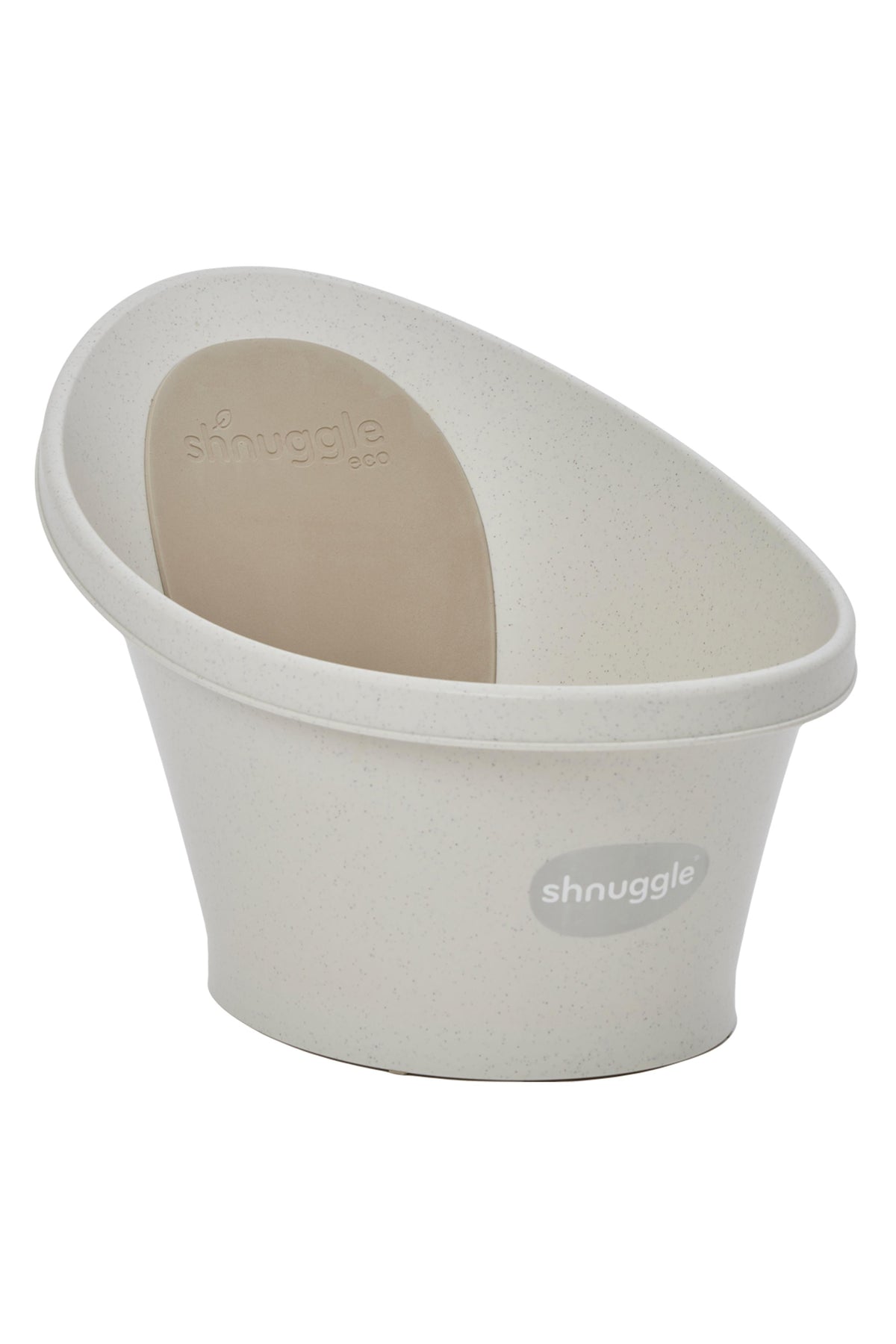 A white Shnuggle baby bath with a beige backrest, featuring a compact and ergonomic design for newborns.