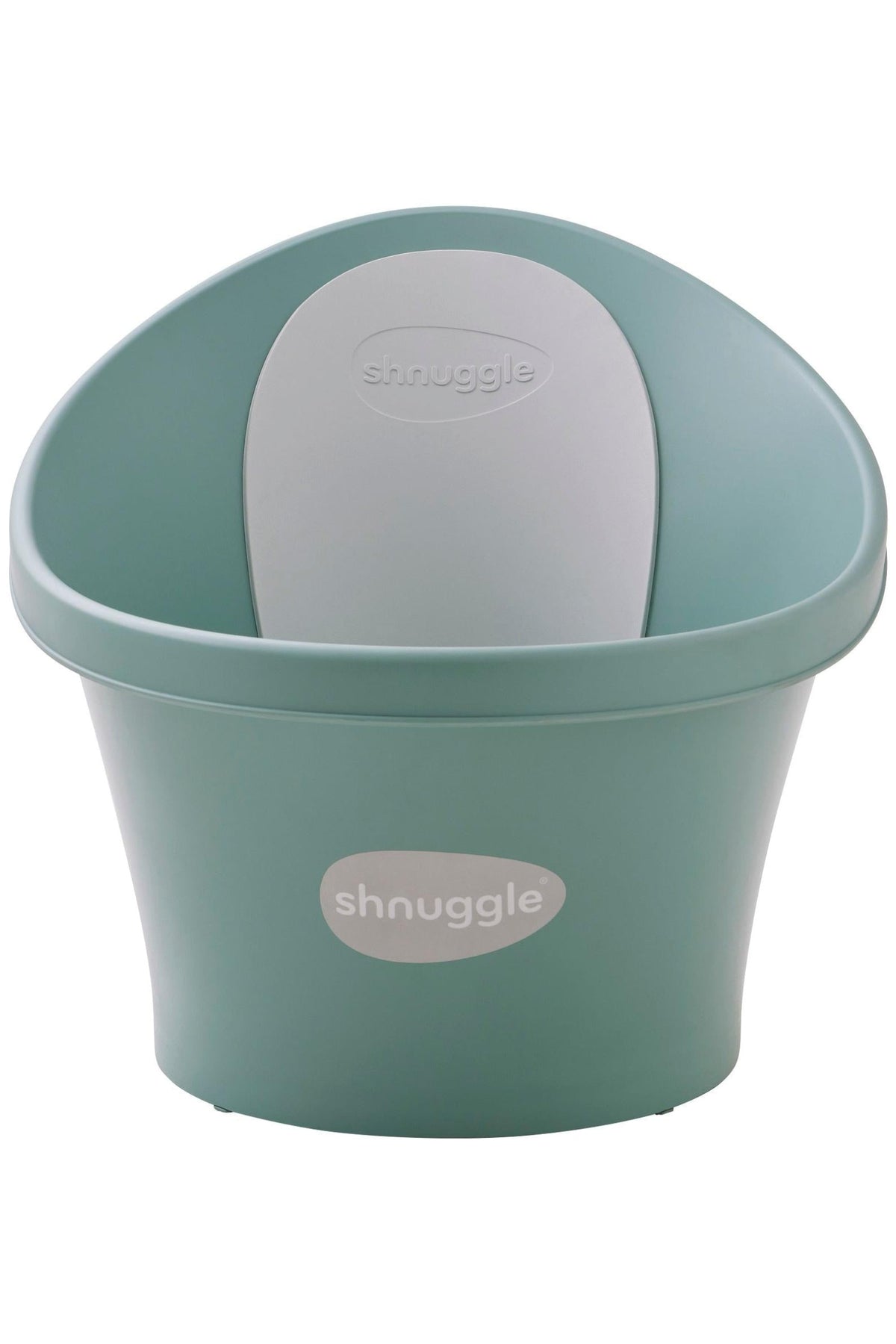 A pastel green Shnuggle baby bath with a white backrest and logo, designed for newborn support.