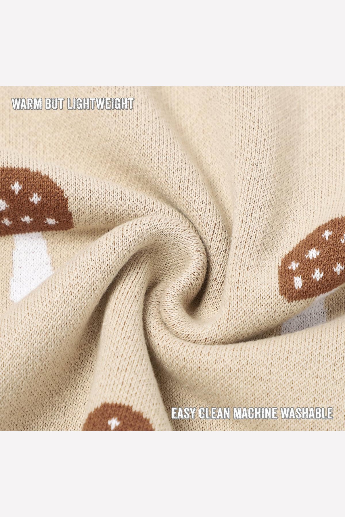 Beige knit fabric with brown mushroom pattern, showcasing a warm and lightweight design. Text reads easy clean machine washable.