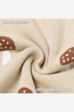 Beige knit fabric with brown mushroom pattern, showcasing a warm and lightweight design. Text reads easy clean machine washable.