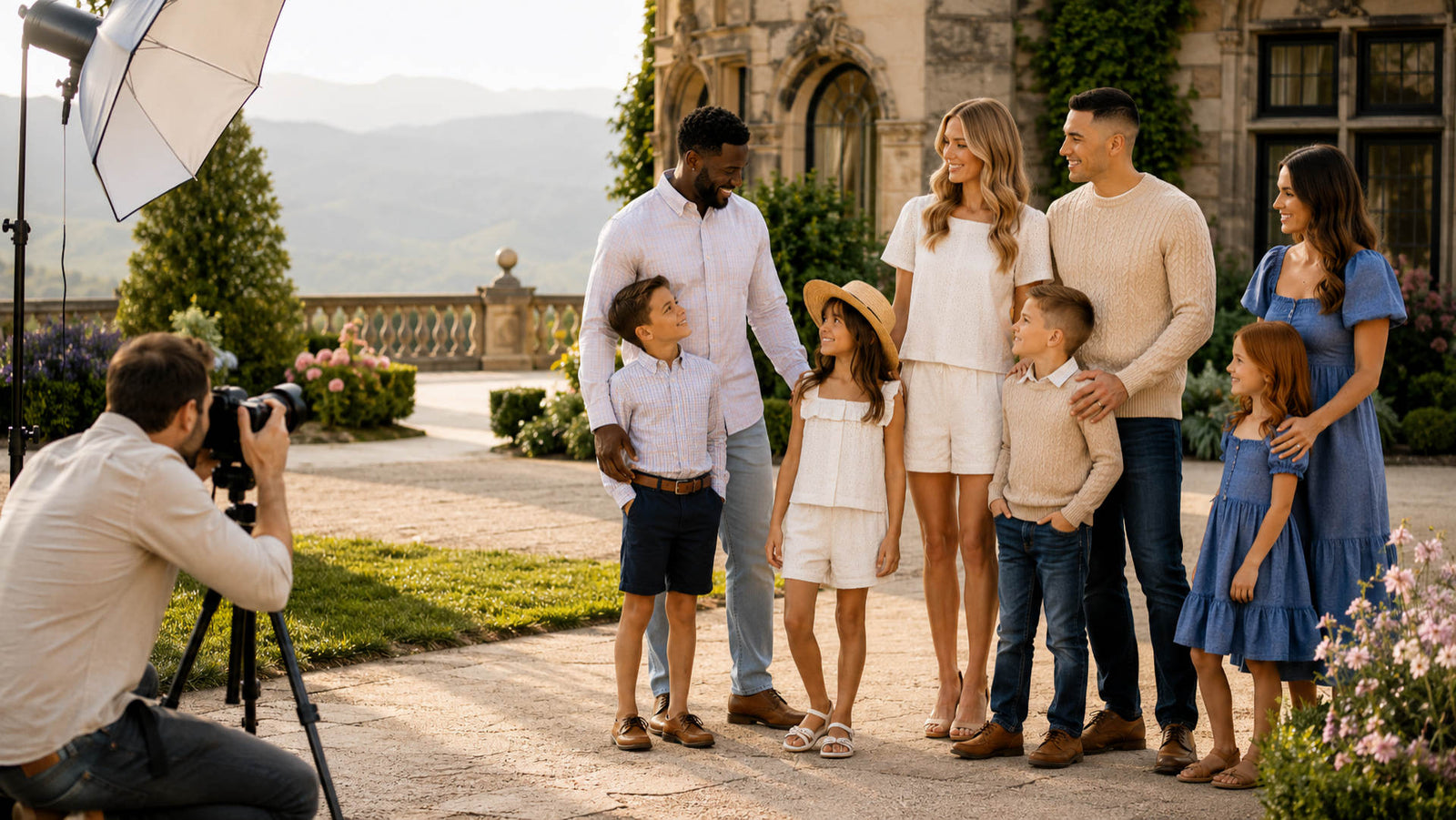 Two families wearing coordinated Hope & Henry outfits during a professional outdoor family portrait session at an elegant estate.