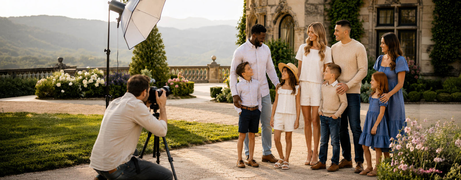 Two families wearing coordinated Hope & Henry outfits during a professional outdoor family portrait session at an elegant estate.