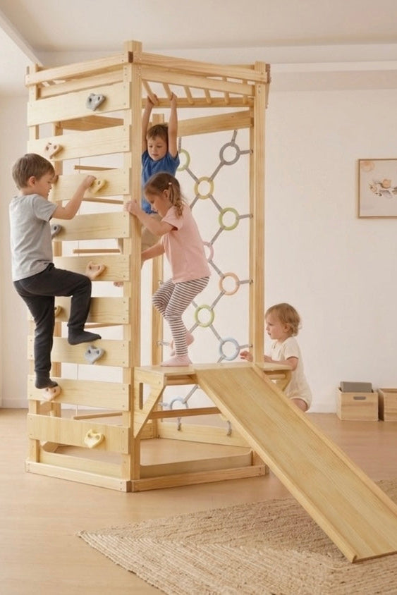 Children play on a wooden Montessori climbing gym featuring a slide, climbing holds, and a net, all in a bright, spacious indoor setting. The gym encourages active exploration and movement.