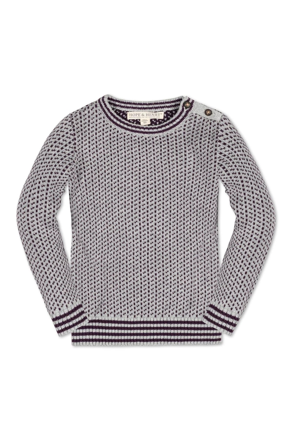 Gray and plum crew neck sweater with rib knit trim and shoulder buttons, made from soft organic cotton for baby.