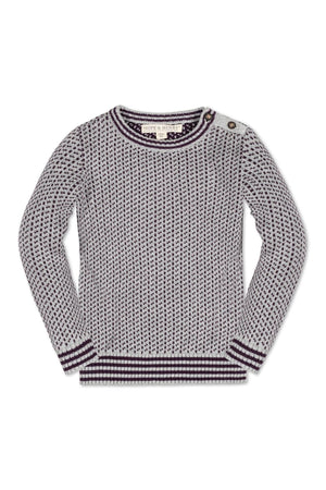 Gray and plum crew neck sweater with rib knit trim and shoulder buttons, made from soft organic cotton for baby.