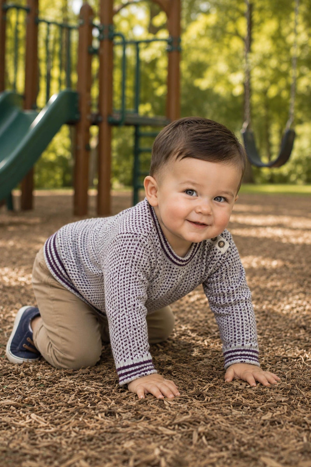 A young boy crawls on wood chips at a playground, wearing a gray and plum organic cotton sweater. The setting features green trees and playground equipment in the background.