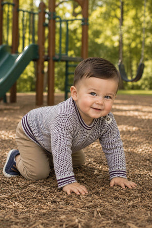 A young boy crawls on wood chips at a playground, wearing a gray and plum organic cotton sweater. The setting features green trees and playground equipment in the background.