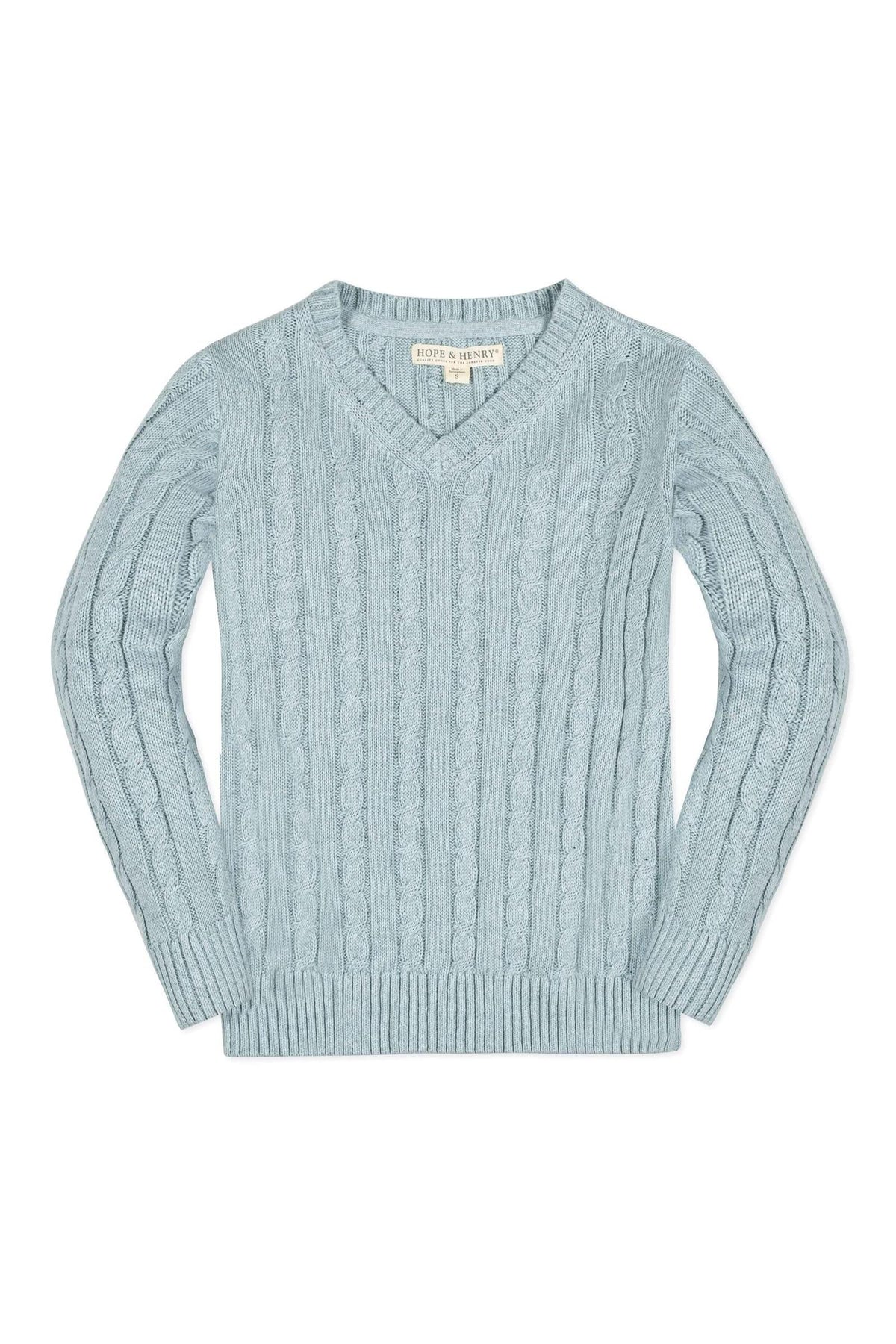 Dusty blue organic cotton sweater featuring a fine gauge cable knit design and a V-neck style. Ideal for boys sizes 2T to 18/20, combining comfort and timeless fashion.