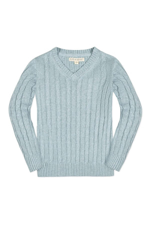 Light dusty blue organic cotton baby sweater featuring a fine gauge cable knit design, V-neck, and ribbed trim, perfect for layering and providing cozy comfort for little ones.