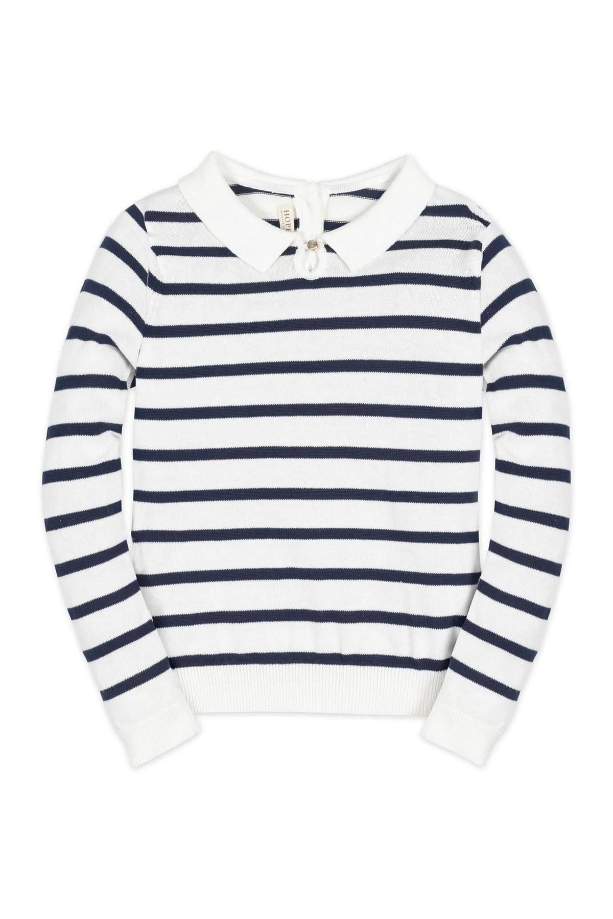 Navy and white striped long-sleeve sweater with a knit collar and keyhole closure, made from organic cotton for baby girls.