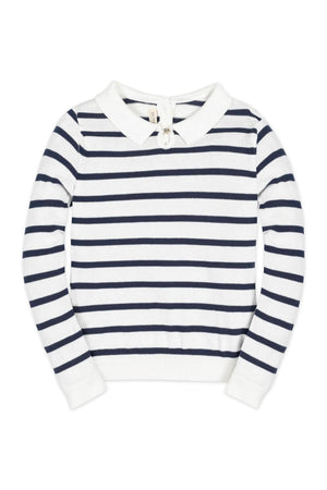 Navy and white striped long-sleeve sweater with a knit collar and keyhole closure, made from organic cotton for baby girls.