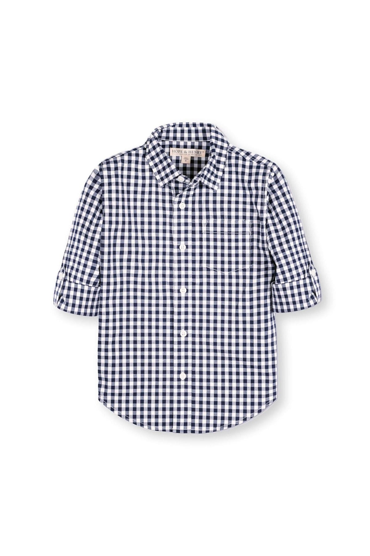 Navy gingham long sleeve shirt by Hope & Henry features a button front and a functional chest pocket, made from.