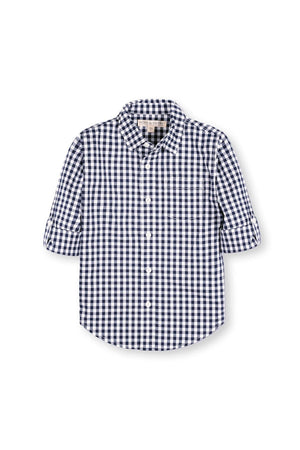 Navy gingham long sleeve shirt by Hope & Henry features a button front and a functional chest pocket, made from.