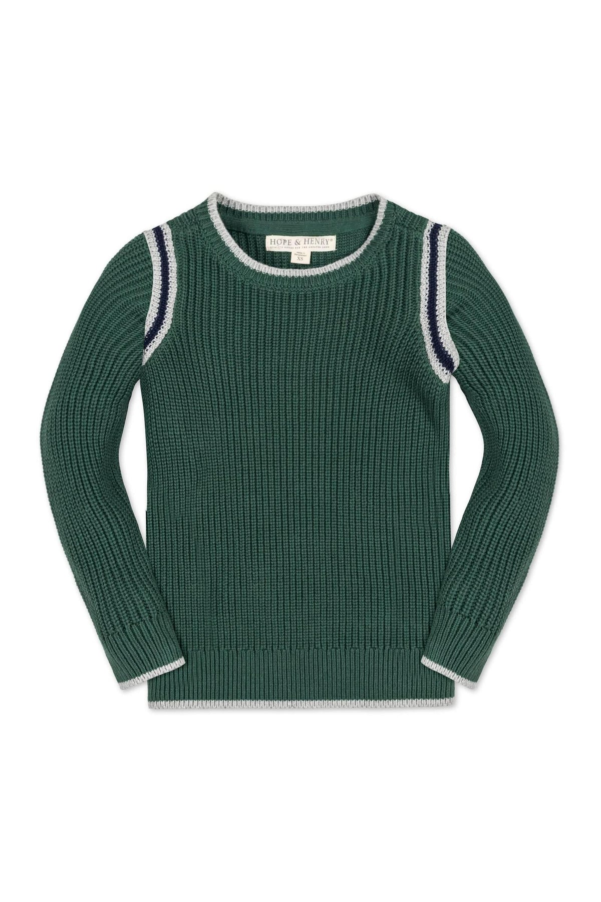 A green crew neck sweater for baby boys by Hope & Henry, made from soft organic cotton. It features sporty stripe detailing at the shoulders and rib knit trim.