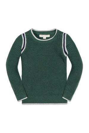 A green crew neck sweater for baby boys by Hope & Henry, made from soft organic cotton. It features sporty stripe detailing at the shoulders and rib knit trim.
