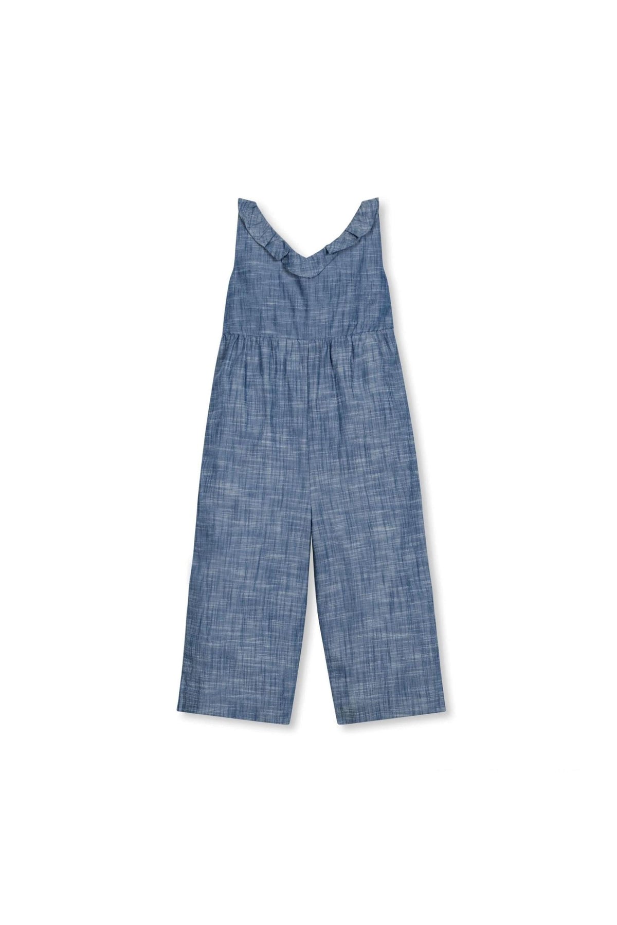 Blue chambray jumpsuit featuring a ruffled neckline and wide legs, made from soft organic cotton for toddlers and kids.
