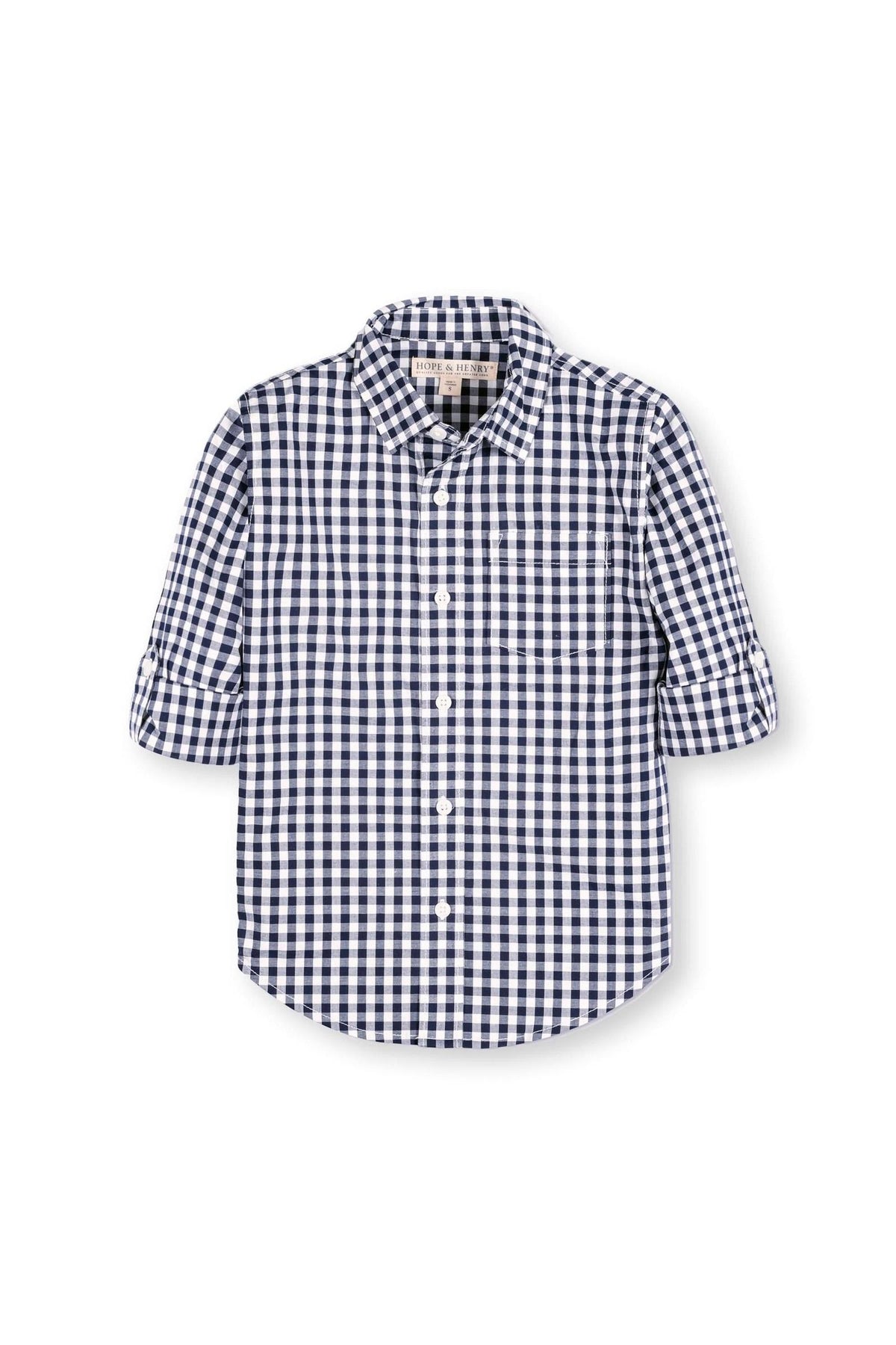 Hope & Henry Organic Cotton Stretch Poplin Roll-Up Shirt for Babies, Navy Gingham