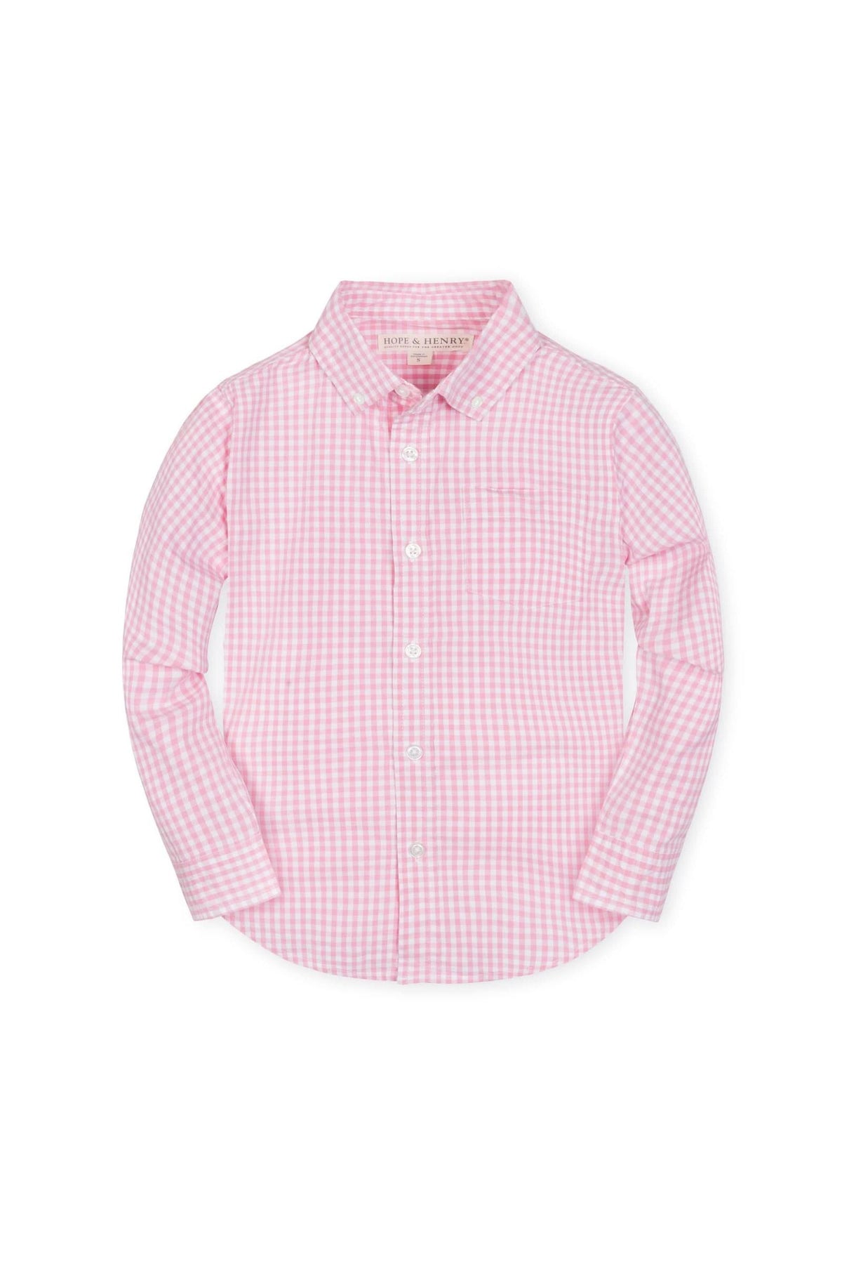 A pink and white gingham button-down shirt for boys, made from soft organic cotton. This classic style features long sleeves and is suitable for sizes 2T to 18/20.