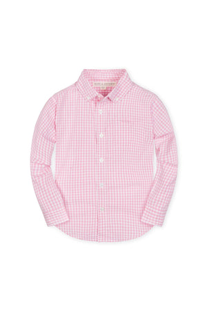 A pink and white gingham button-down shirt for boys, made from soft organic cotton. This classic style features long sleeves and is suitable for sizes 2T to 18/20.