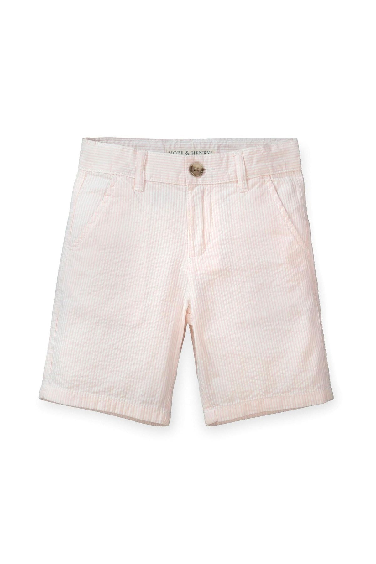 Light pink seersucker shorts from Hope & Henry featuring a classic design, suitable for toddlers and kids.