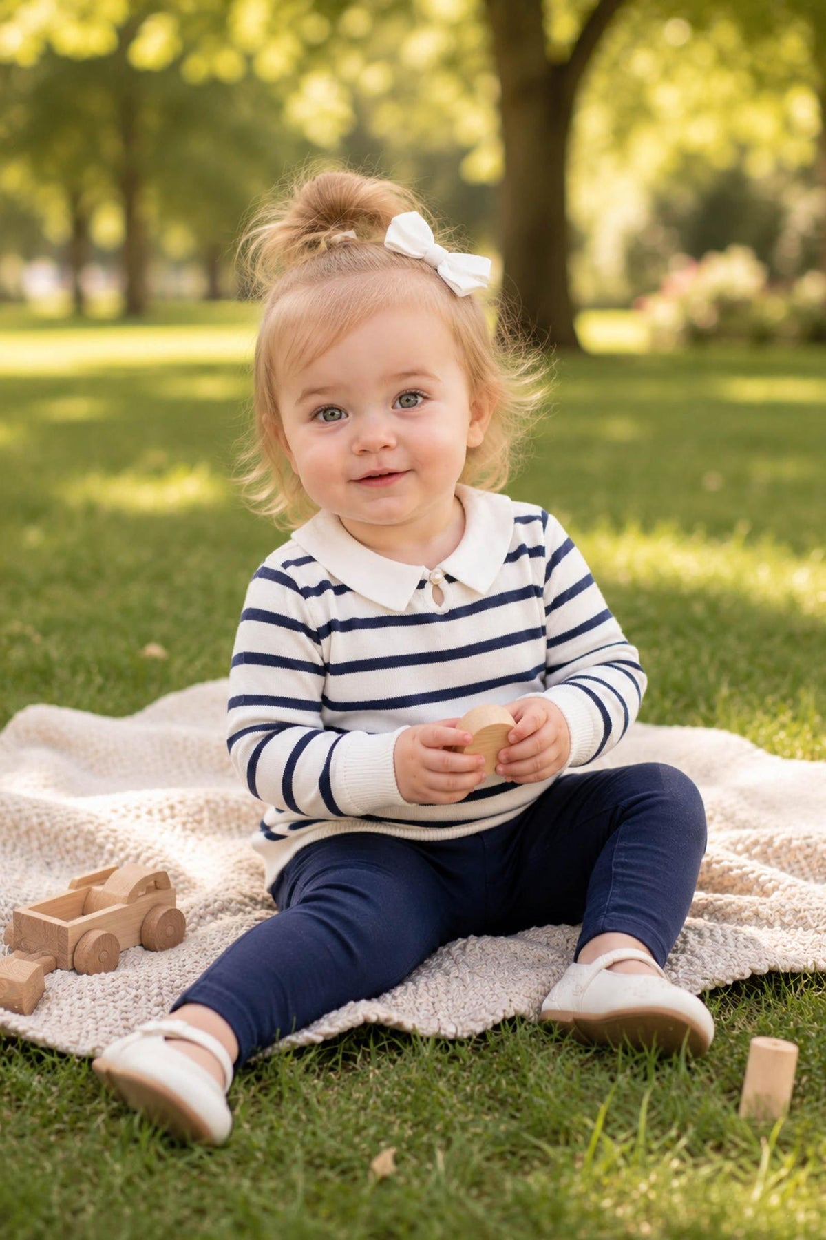 A baby girl sits on a soft blanket in a sunny park, wearing a navy and white striped sweater with a collar.
