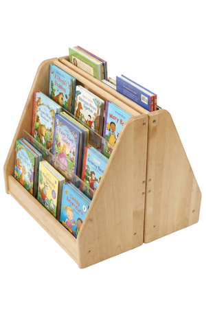 Front-facing double-sided wooden bookshelf featuring a natural finish, displaying colorful childrens books. Ideal for playrooms and nurseries, it promotes easy access and organization of reading materials.