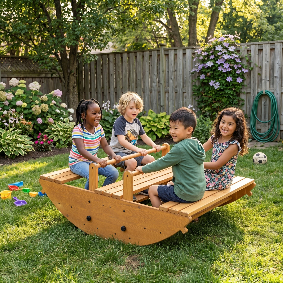 Four children enjoy playtime on a wooden outdoor rocker in a vibrant garden. The playset, resembling a boat, is made of sustainable wood and surrounded by lush greenery and flowers.