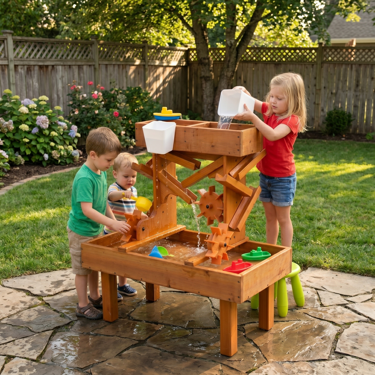 Three children play with a wooden water table in a sunny backyard, exploring various colorful toys and water features.