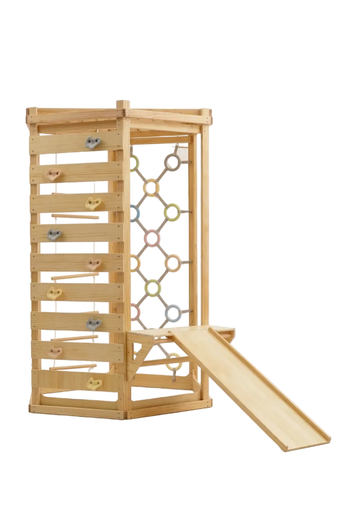 A wooden Montessori climbing gym features a slide and colorful climbing elements, designed for indoor play. The natural wood finish enhances its eco-friendly appeal, suitable for young children.