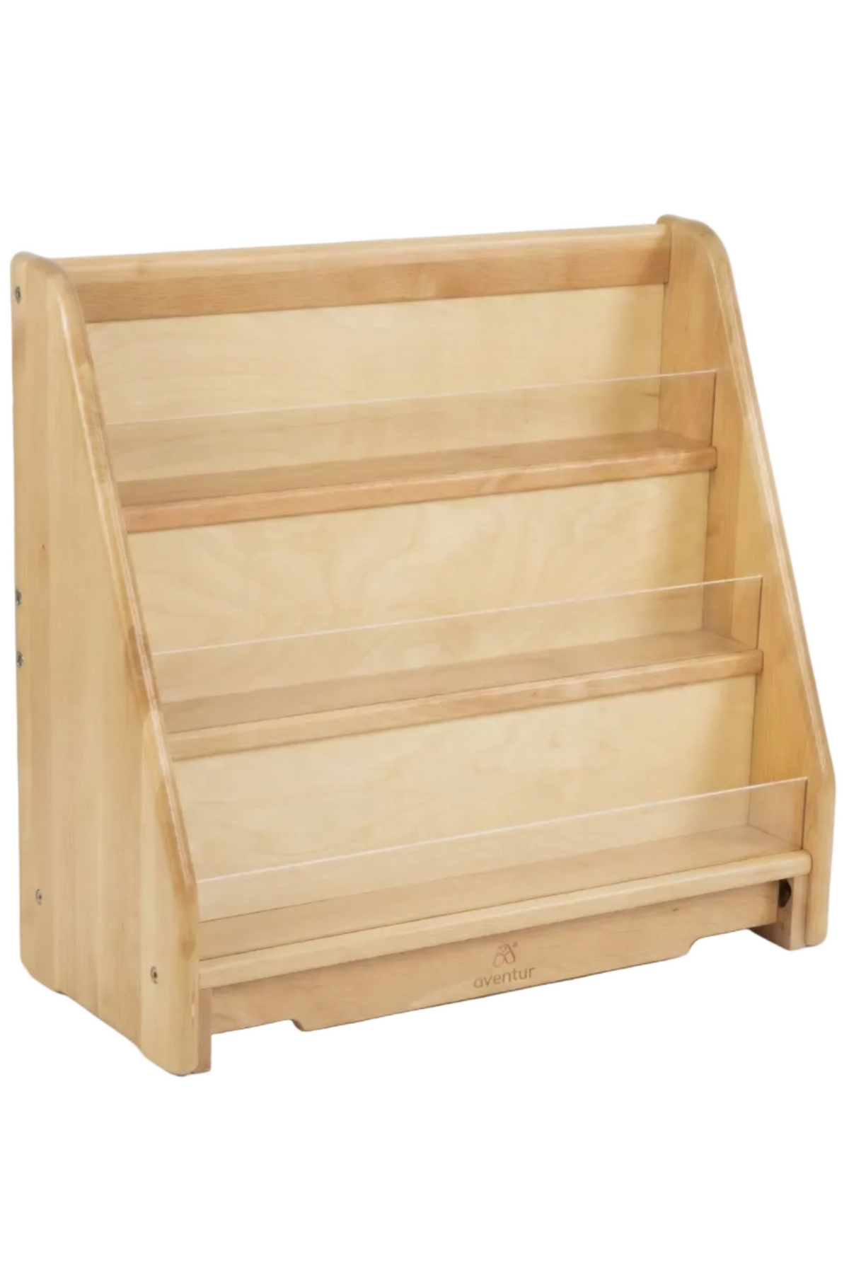 Avenlur wooden bookshelf features a three-tier, front-facing design with a smooth natural finish. Ideal for nurseries and playrooms, it encourages organized reading and easy access for children.