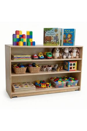 A wooden toy and book organizer shelf features three spacious levels filled with colorful toys, books, and baskets, showcasing a natural finish perfect for childrens rooms.