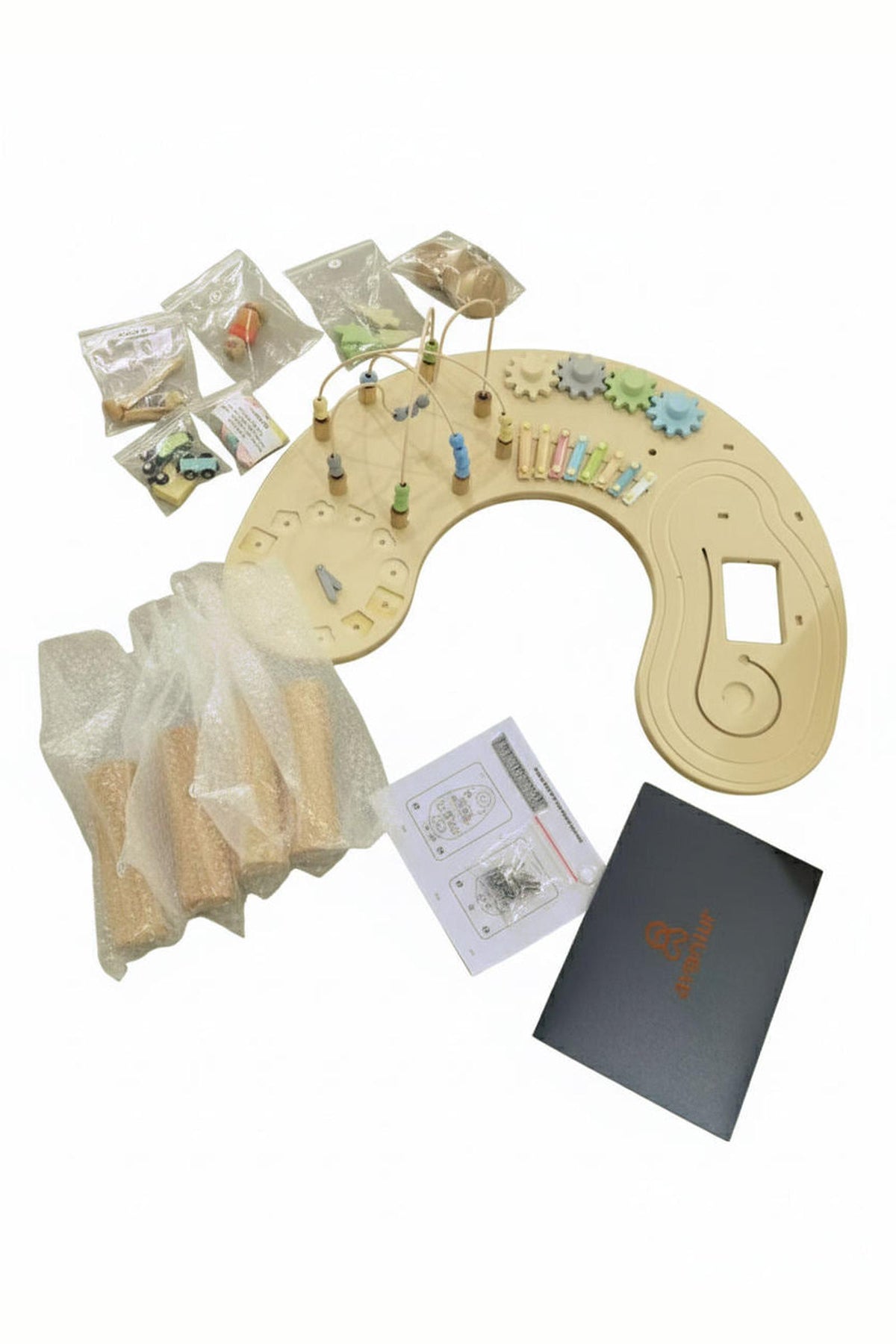 A Montessori-inspired wooden activity table with colorful gears, a bead maze, and assembly instructions, featuring eco-friendly materials.