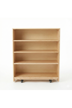 A natural wood Montessori toy and book organizer shelf features four spacious open shelves and is mounted on wheels for easy movement. Ideal for childrens rooms or play areas.