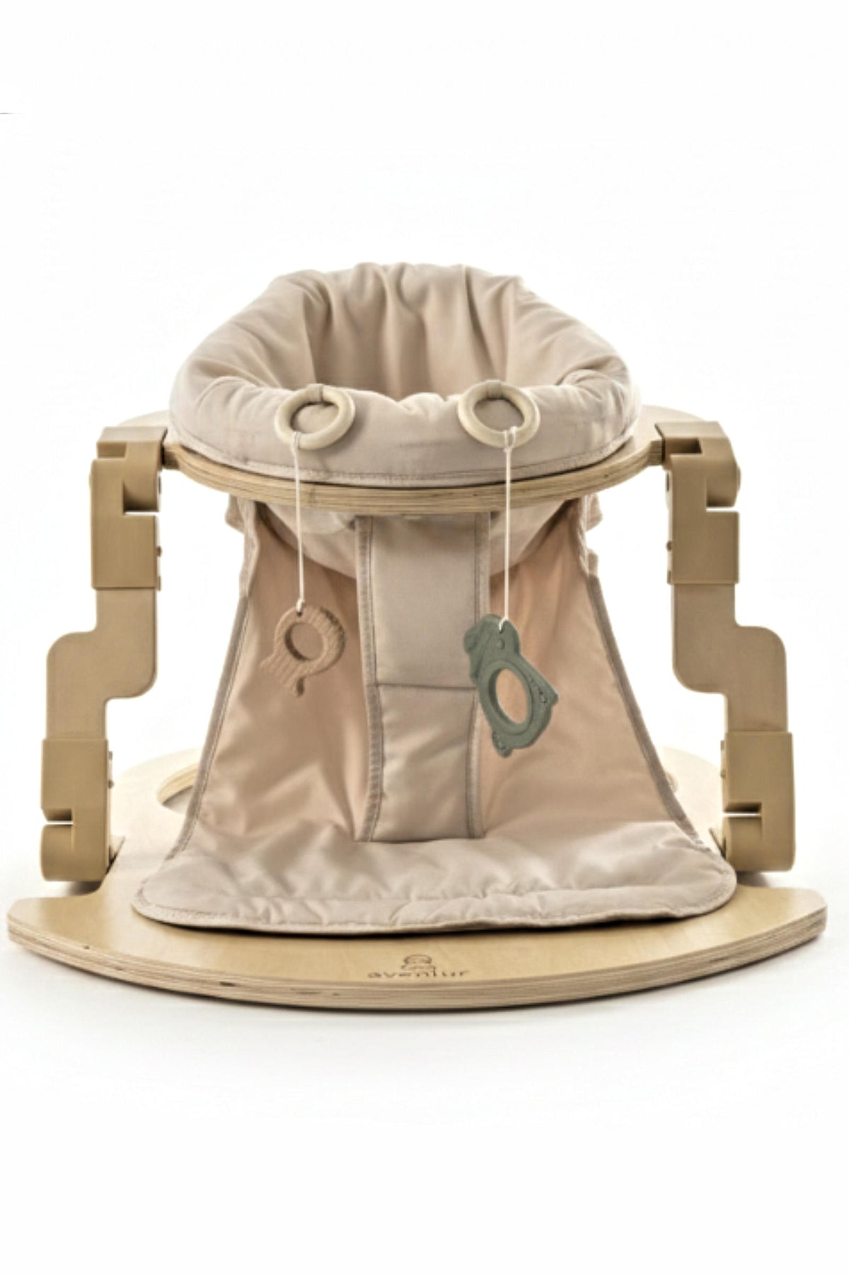 A premium foldable wooden baby activity seat featuring a soft beige fabric insert with hanging toys. The sturdy wooden base offers stability, making it ideal for safe, engaging playtime.