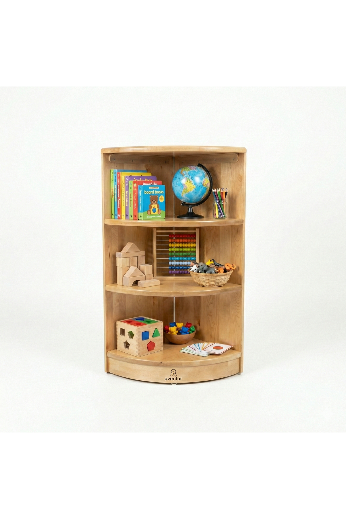 A natural wood Montessori corner bookshelf features four open shelves filled with colorful books, a globe, and educational toys, promoting an organized and inviting learning space for children.