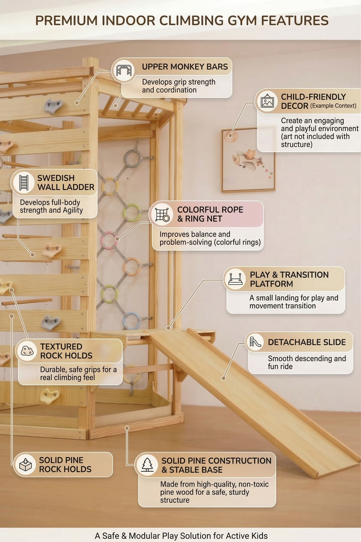 An indoor climbing gym features wooden construction with a slide, rope net, and climbing elements. The design promotes active play and is suitable for young children, encouraging balance and coordination.