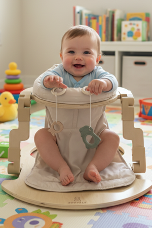 A cheerful baby sits in a light wooden activity seat with beige fabric. The seat features hanging toys and is placed on a colorful, patterned playmat surrounded by childrens toys.