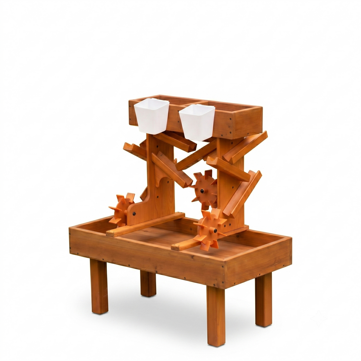 A wooden water table designed for toddlers features two white basins and water wheels, encouraging sensory play. Its sturdy construction invites children to explore and learn through hands-on activities.