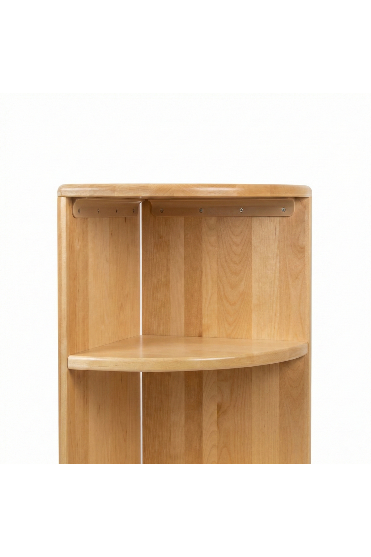 Natural wooden corner bookshelf featuring a smooth finish and minimalist design, ideal for organizing books and learning materials in a childs space. Perfect for fostering independent learning.