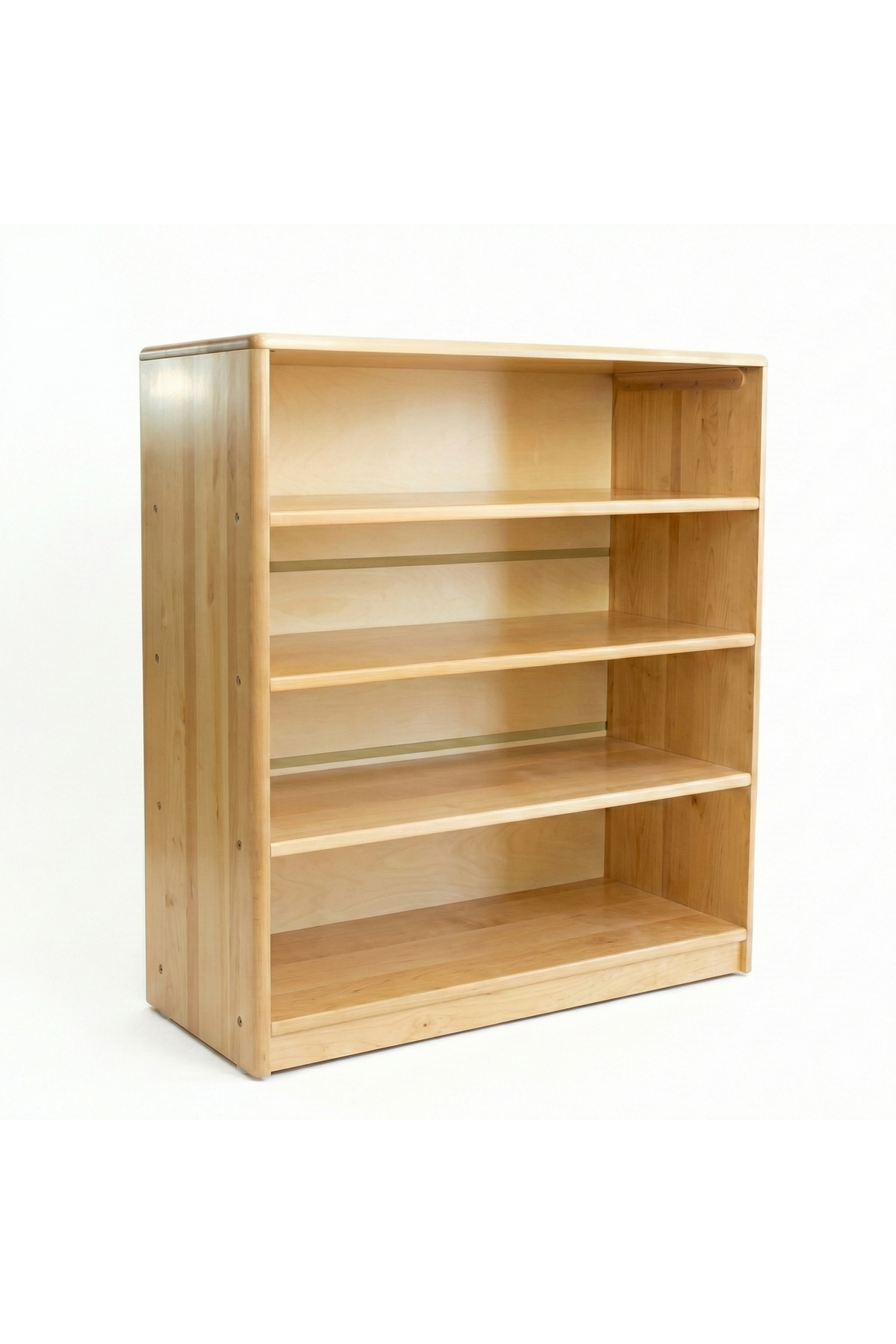 A wooden organizer shelf with a natural finish features four spacious open shelves, designed for childrens books and toys. Its simple.