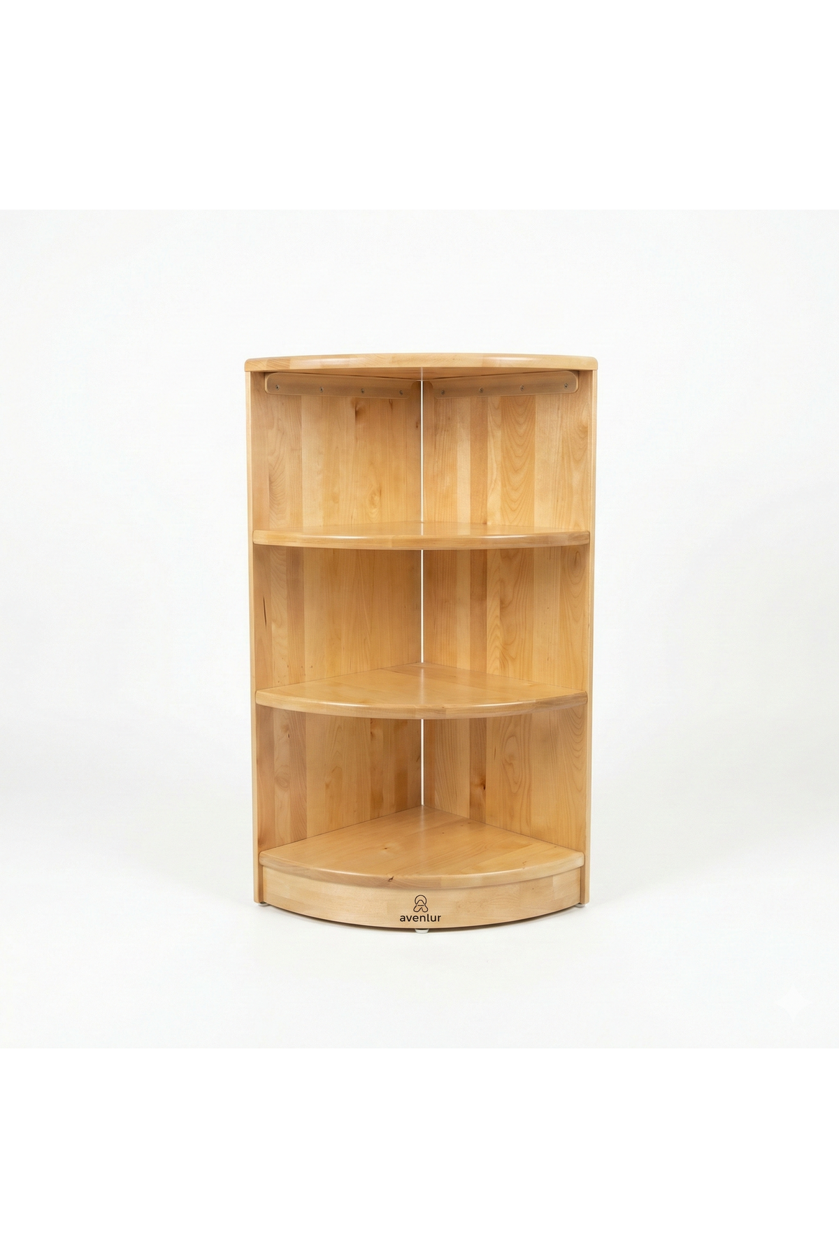 Light wooden corner bookshelf featuring four spacious shelves, designed for childrens books and activities. Its sustainable construction makes it an ideal addition to any learning space.