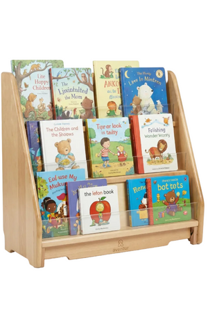 A wooden, three-tier front-facing bookshelf showcases a variety of colorful childrens books. The sturdy construction from sustainable materials enhances any nursery or playroom decor.