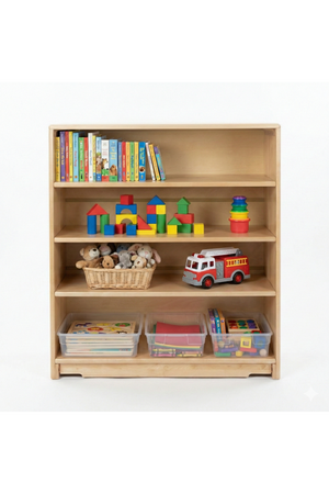 A wooden Montessori toy and book organizer shelf features four open shelves filled with colorful childrens books, toys, and puzzles, promoting easy access and tidy storage for kids rooms.